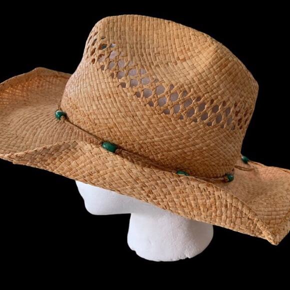 Cov-Ver World natural straw hat Unisex Size Small Medium Turquoise wooden beads - Picture 2 of 5